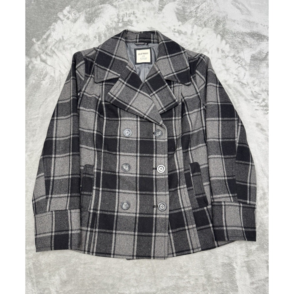Old Navy Gray Plaid Pea Coat Womens XL Wool Blend Jacket‎ Double Breasted Preppy